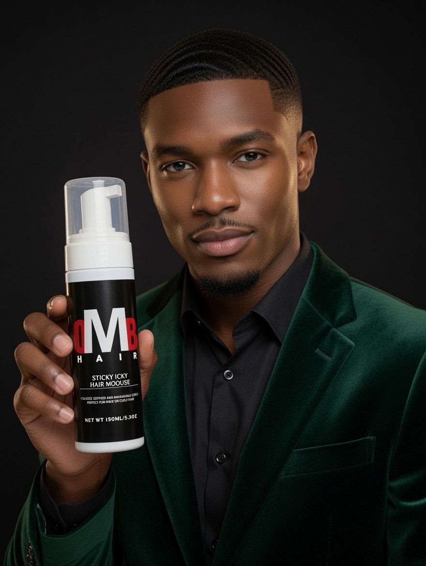 OMB Sticky Icky Hair Mousse — model in green velvet suit