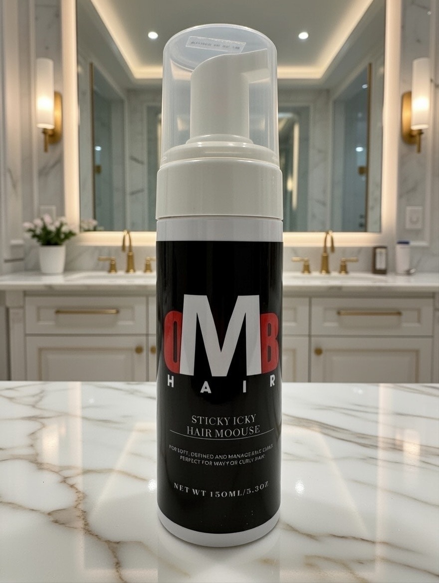 OMB Sticky Icky Hair Mousse — luxury bathroom flat lay