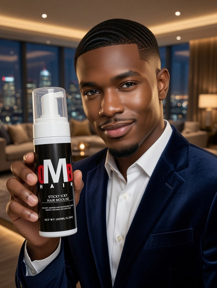 OMB Sticky Icky Hair Mousse — model in navy suit, city night