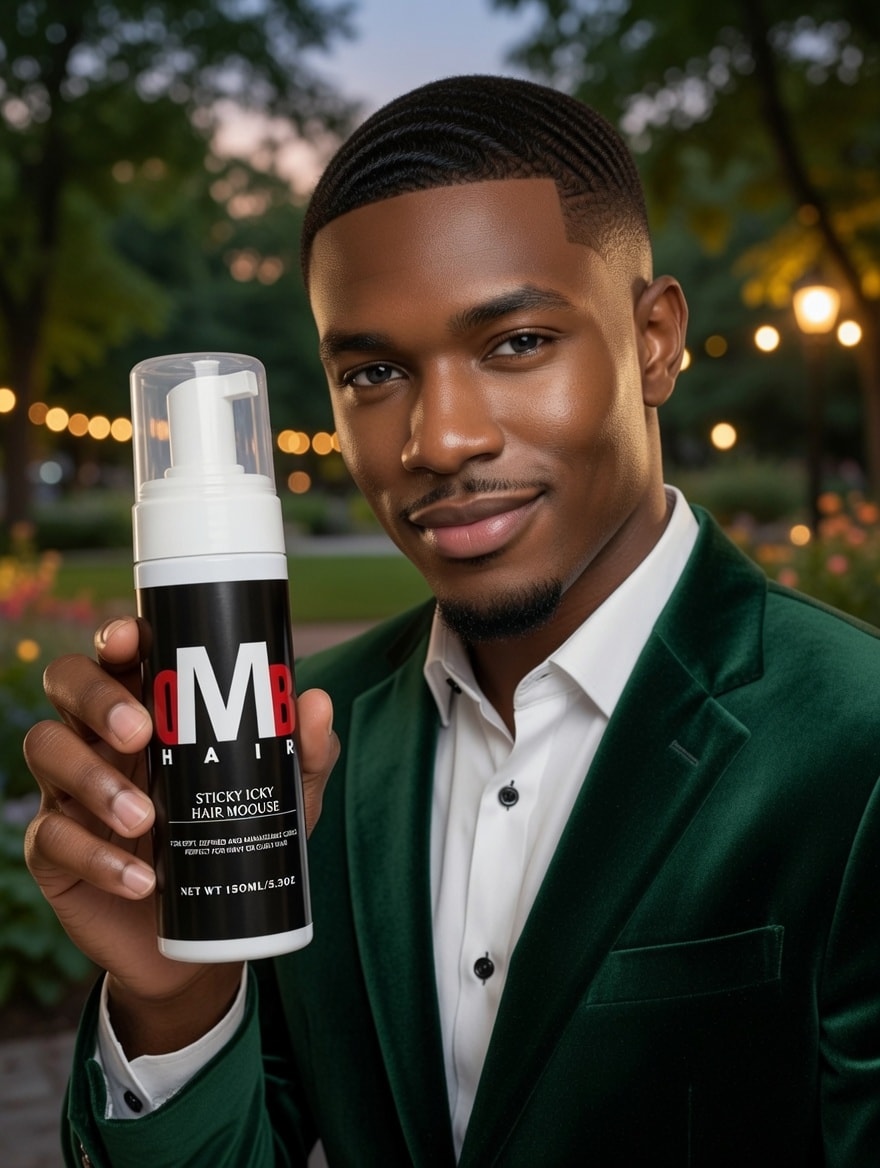 OMB Sticky Icky Hair Mousse — model in green suit, garden