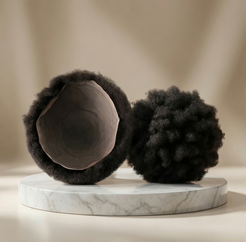 OMB Full Lace Afro Hair System — product on marble pedestal showing lace base and full afro texture