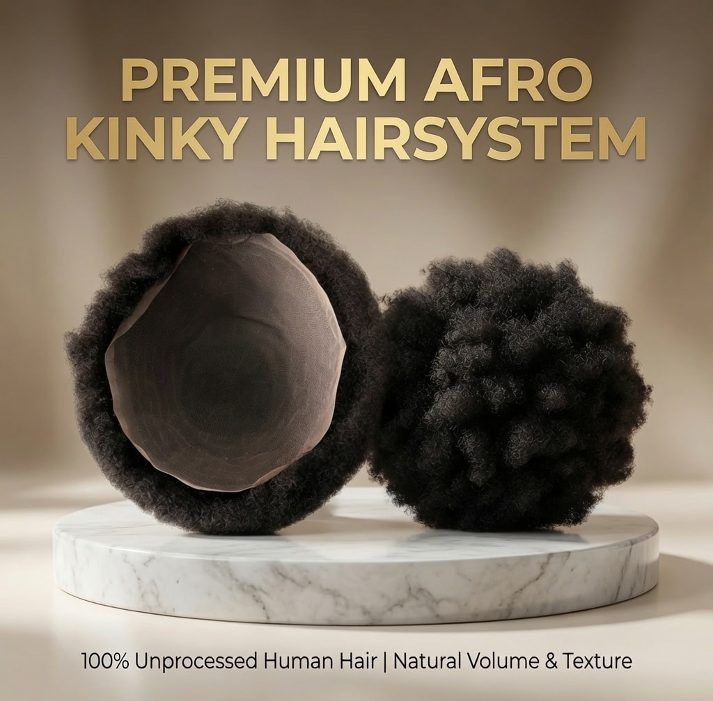 OMB Premium Afro Kinky Hair System — 100% unprocessed human hair, natural volume and texture