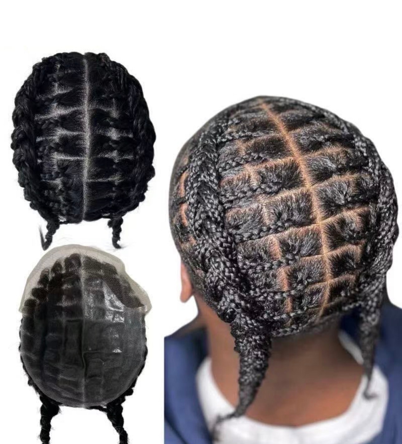 OMB Full Lace Braided Hair System — front and lace base views with lifestyle model wearing box braid style