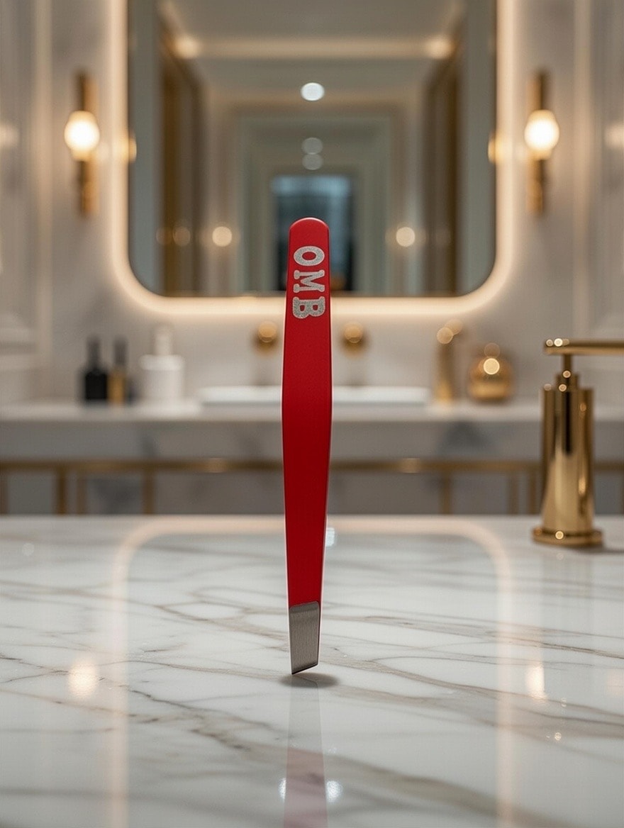 OMB Precision Tweezers — standing upright on marble counter