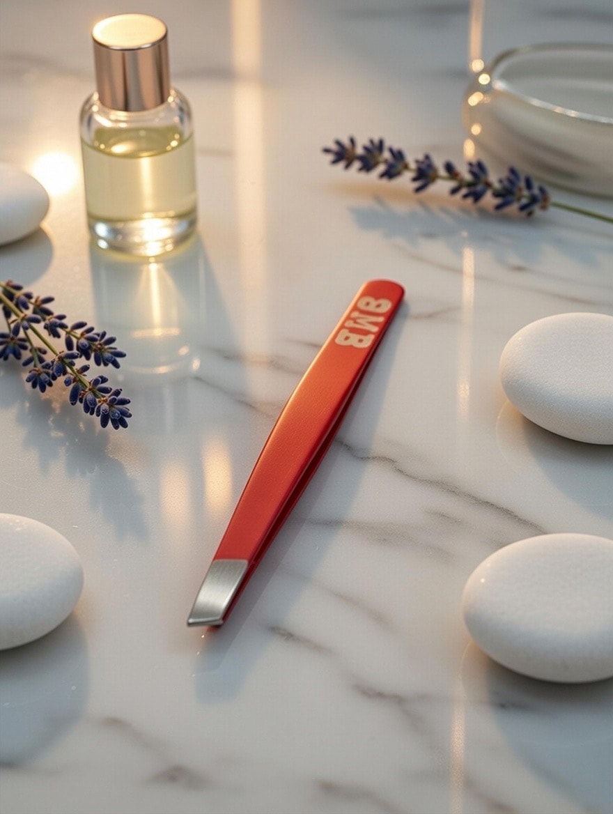 OMB Precision Tweezers — spa flat lay with lavender and stones