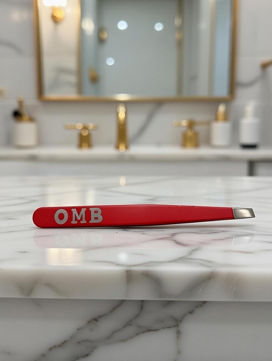 OMB Precision Tweezers — flat lay on marble surface
