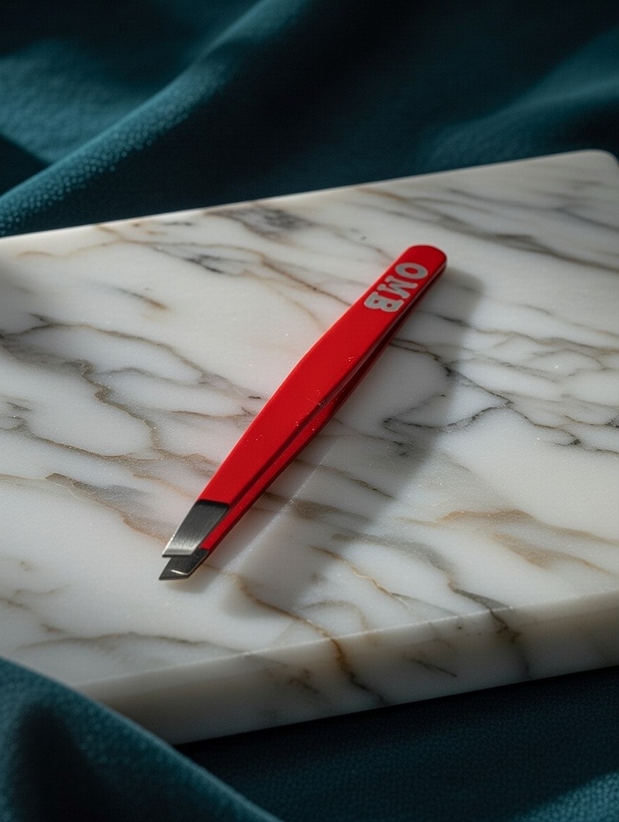 OMB Precision Tweezers — on marble tile with teal backdrop